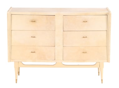 PARCHMENT COVERED SIX DRAWER DRESSER C 1960 HAVING PAINTED TRIM.