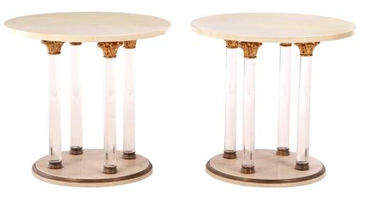 LARGE PAIR OF MARBLE, LUCITE, BRONZE AND PARCHMENT END TABLES C 1970.