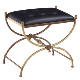 BRASS CURULE FORM BENCH C 1960 UPHOLSTERED IN BLACK LEATHER.