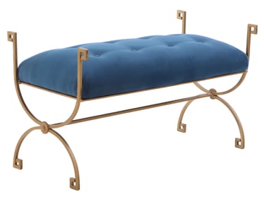 PAINTED IRON WINDOW BENCH C 1960 HAVING GREEK KEY DETAIL AND NEW UPHOLSTERY.