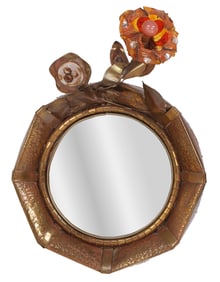 TWO HAMMERED COPPER MIRRORS C 1970 FROM PARIS. SIGNED ON REVERSE.