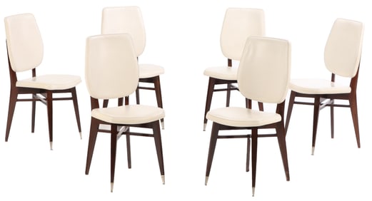 SIX MAHOGANY AND UPHOLSTERED FRENCH DINING CHAIRS C 1950.