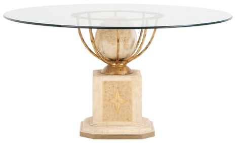 FRENCH GILT IRON AND GLASS TOP TABLE HAVING A RESIN BASE AND A RESIN SPHERE.