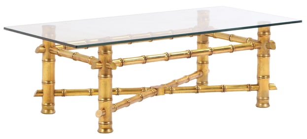 GILTWOOD FAUX BAMBOO GLASS TOP COFFEE TABLE C 1960.