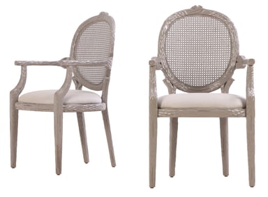 PAIR PAINTED WOOD RUSTIC CARVED CANE BACK CHAIRS WITH UPHOLSTERED SEATS.