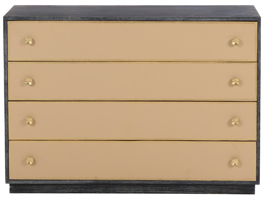 ONE OF TWO DARK CERUSED OAK DRESSERS HAVING LEATHER DRAWER FRONTS WITH GREEK KEY DESIGN IN THE (1 of 6)