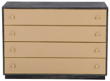 ONE OF TWO DARK CERUSED OAK DRESSERS HAVING LEATHER DRAWER FRONTS WITH GREEK KEY DESIGN IN THE