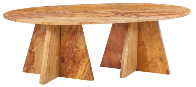 THREE PART MODERNIST MARBLE COFFEE TABLE MADE FROM A SIENNA MARBLE.