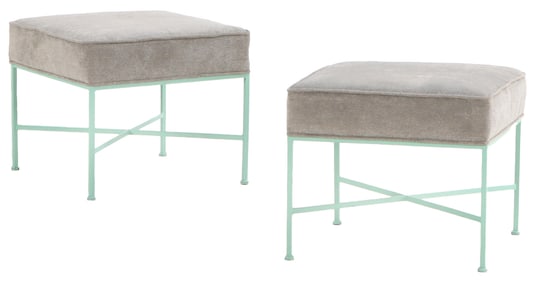 PAIR UPHOLSTERED AND PAINTED IRON STOOLS IN THE MANNER OF PAUL MCCOBB.