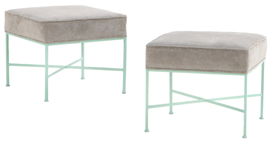 PAIR UPHOLSTERED AND PAINTED IRON STOOLS IN THE MANNER OF PAUL MCCOBB. (1 of 3)