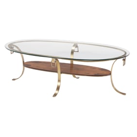 OVAL BRONZE AND GLASS COFFEE TABLE C 1960 HAVING ROSEWOOD LOWER SHELF AND SQUARE RING DECORATION.