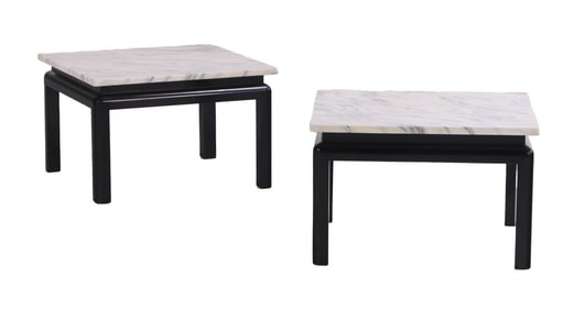 PAIR OF EBONIZED WOOD AND MARBLE TOP END TABLES IN THE MANNER OF JAMES MONT C 1960.