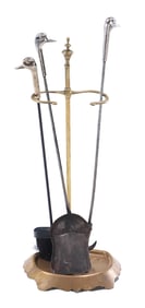 NICKEL OVER BRONZE FIRE PLACE TOOLS WITH DUCK HEAD DECORATION IN BRONZE STAND.