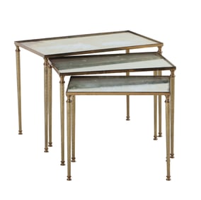 FRENCH BRASS AND MIRROR NEST OF TABLES C 1960. MIRRORS HAVE NICELY DISTRESSED SILVER SURFACE.