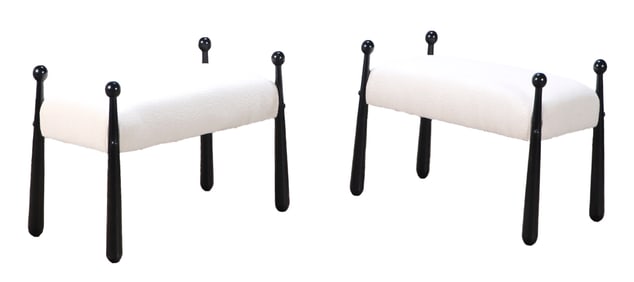 PAIR OF EBONIZED AND UPHOLSTERED BAT FORM BENCHES IN THE MANNER OF JEAN ROYERE HAVING A NEW BOUCLE