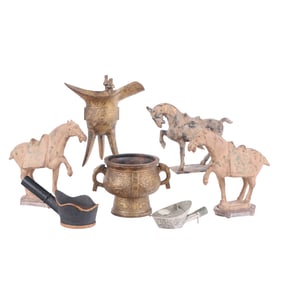 7 ASIAN OBJECTS INCLUDING BRASS COVERED BOWL WITH JADE PLAQUE, 3 IRON VESSELS, IRON HORSE AND 2