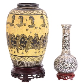 TWO ASIAN DECORATIVE VASES, ONE CERAMIC WITH FIGURES AND ONE MOSAIC MOTHER OF PEARL.