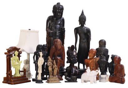 17 PC OBJECTS INCLUDING ASIAN, AFRICAN, AND MESO AMERICAN FIGURAL SCULPTURES, 24" BRONZE BUDDHA, 9"
