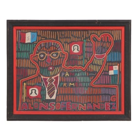 A RARE PANAMANIAN KUNA MOLA TEXTILE WITH LETTERING AND POLITICAL PORTRAIT C 1950