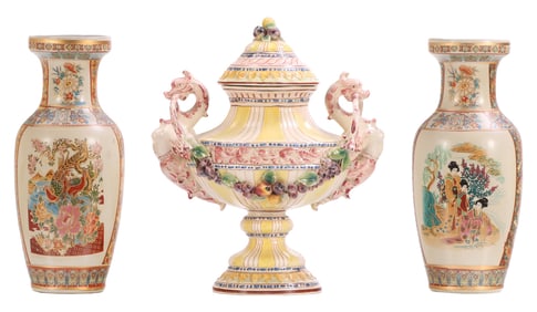 ITALIAN PORCELAIN COVERED VASE AND TWO CHINESE PORCELAIN VASES. C. 1960S.