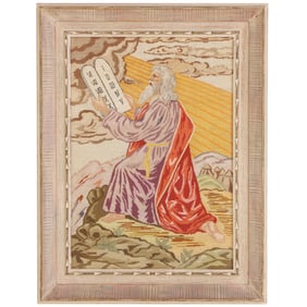 VINTAGE FRAMED NEEDLEPOINT OF MOSES HOLDING THE TEN COMMANDMENTS. C. 1960S