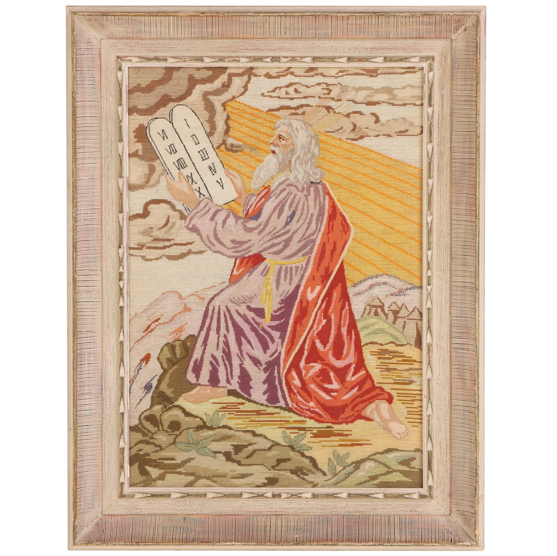 VINTAGE FRAMED NEEDLEPOINT OF MOSES HOLDING THE TEN COMMANDMENTS. C. 1960S (1 of 8)