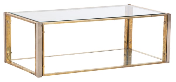 BRASS AND CHROME COFFEE TABLE WITH MIRRORED LOWER SHELF C 1970.