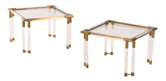 PAIR FRENCH LUCITE AND BRASS GLASS TOP END TABLES C 1970.