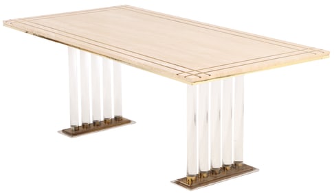 FRENCH TRAVERTINE TABLE HAVING BRASS INLAY RESTING ON LUCITE LEGS C 1970.