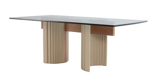 OAK, PAINTED WOOD, AND BRASS DINING TABLE WITH A GLASS TOP C 1980.