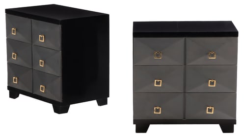 PAIR OF TWO TONE PAINTED COMMODES WITH BRASS HARDWARE.