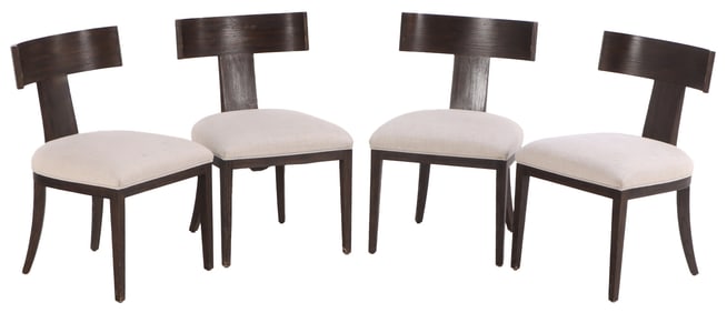 A SET OF FOUR UPHOLSTERED T-BACK KLISMOS SIDE CHAIRS BY RESTORATION HARDWARE.