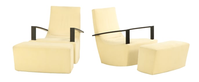A PAIR OF LIGNE ROSET OPEN ARM CHAIRS WITH MATCHING OTTOMANS.