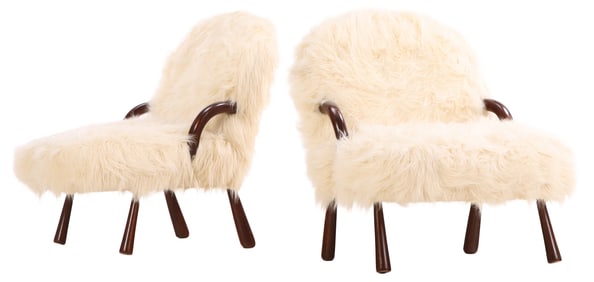 PAIR DANISH STYLE OPEN ARM CHAIRS UPHOLSTERED IN FAUX GOAT SKIN,