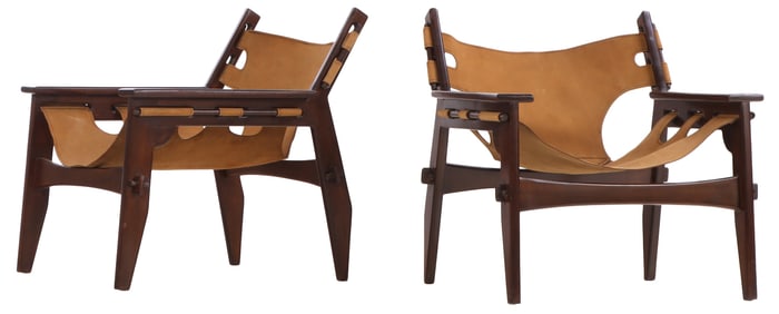 PAIR OF WOOD AND LEATHER MODERN "SPANISH CHAIRS".