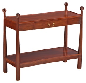 WALNUT CONSOLE TABLE HAVING BAT FORM LEGS AND A SINGLE DRAWER IN THE MANNER OF ROYERE.