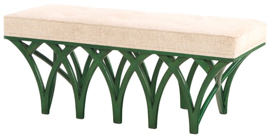 MODERN WOOD AND UPHOLSTERY CATHEDRAL BENCH IN GREEN LACQUER.