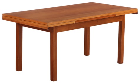 A SIMPLE MAHOGANY DINING TABLE HAVING SQUARE LEGS AND TWO PULL OUT LEAVES C 1960.