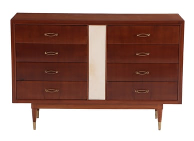 EIGHT DRAWER WALNUT DRESSER HAVING PARCHMENT PANEL AND ELEGANT BRASS HARDWARE C 1960.