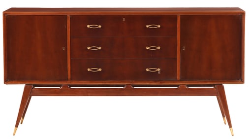 WALNUT DRESSER HAVING THREE DRAWERS AND TWO DOORS WITH BRASS HARDWARE C 1960.