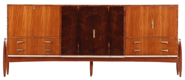 ROSEWOOD AND SAPELE WOOD SIX DOOR SIDEBOARD HAVING A FALL FRONT MIRRORED BAR CABINET AND MARBLE TRIM