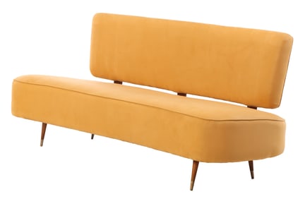 UPHOLSTERED SOFA HAVING FLOATING BACK RAISED ON WOODEN LEGS C 1950 WITH NEW FABRIC.