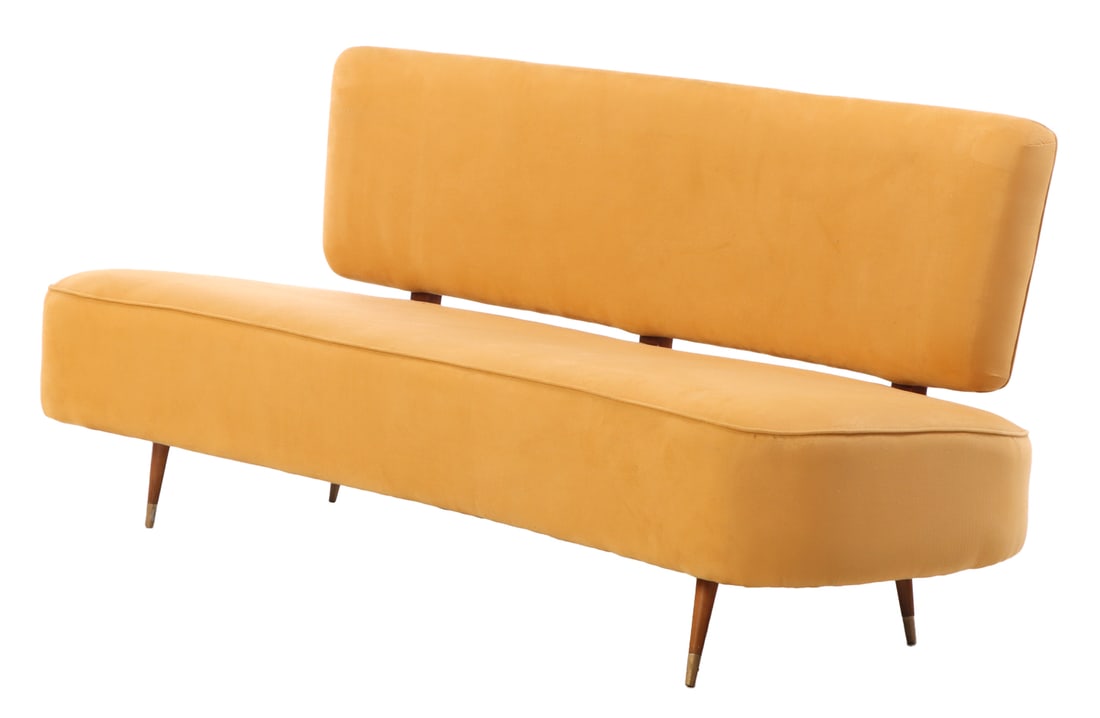 UPHOLSTERED SOFA HAVING FLOATING BACK RAISED ON WOODEN LEGS C 1950 WITH NEW FABRIC. (1 of 6)