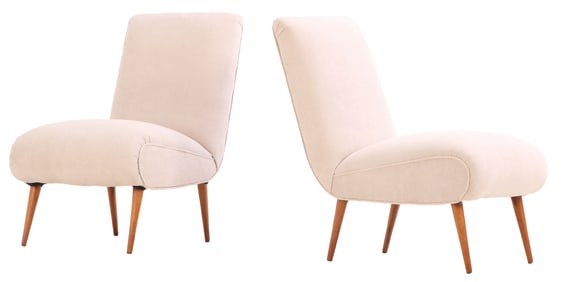 PAIR UPHOLSTERED LOUNGE CHAIRS C 1950 WITH NEW FABRIC.