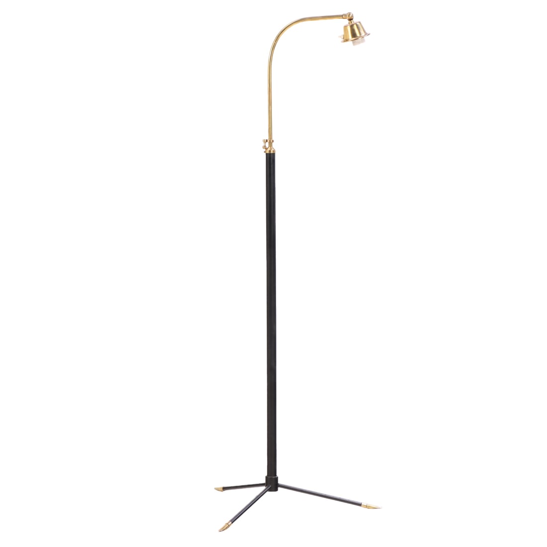 ONE OF TWO PAINTED IRON AND BRASS ADJUSTABLE FLOOR LAMPS C 1950.: One of two painted iron and brass adjustable floor lamps C 1950. Raised Ht: 65.5" Ht: 57" Wd: 21.75" Dpth: 18.75"