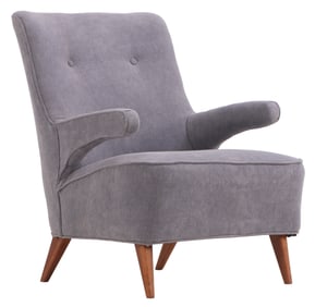 SINGLE UPHOLSTERED LOUNGE CHAIR WITH FLOATING ARMS AND NEW FABRIC C 1960.