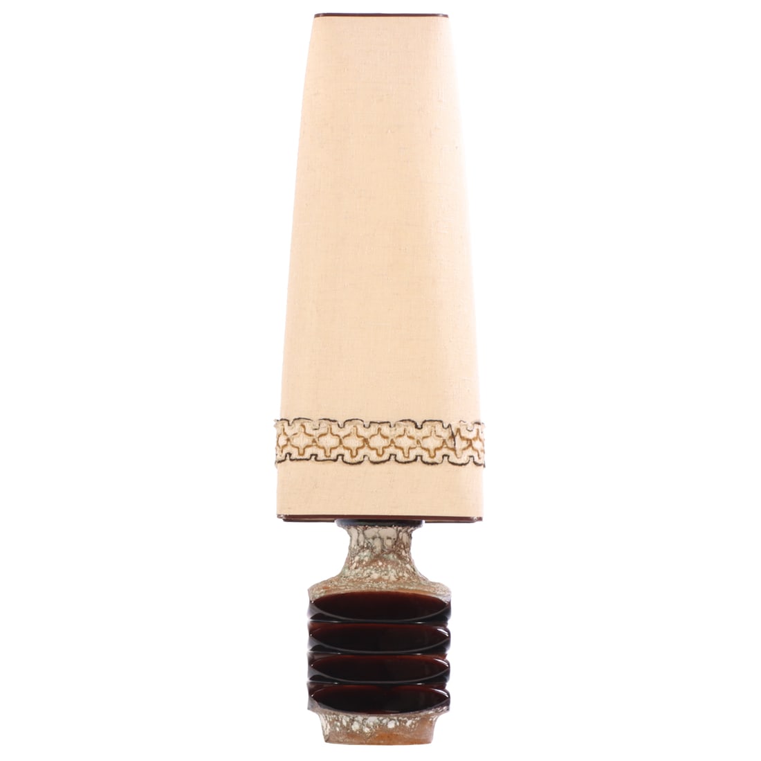 TALL FRENCH CERAMIC LAMP AND SHADE C 1960.: Tall French ceramic lamp and shade C 1960. Ht: 50" Wd: 14" Dpth: 14"