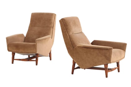 PAIR OF FRENCH LOUNGE CHAIRS WITH WOOD STRETCHER C 1945.