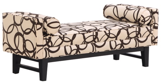 A MODERN UPHOLSTERED WINDOW BENCH ON AN EBONIZED WOOD BASE.