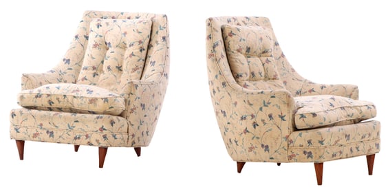 PAIR LARGE SCALE UPHOLSTERED LOUNGE CHAIRS WITH BUTTON BACK UPHOLSTERY BY ADRIAN PEARSALL C 1960.
